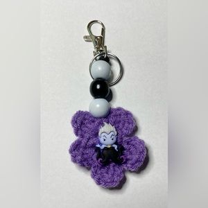 Handmade Ursula Charm Keychain Purple Flower Blue Wood Beads Silver Clasp